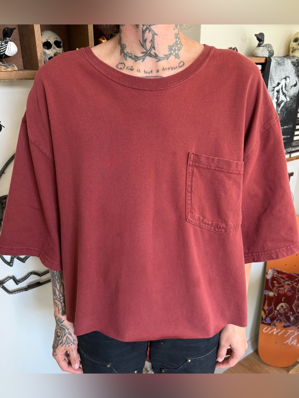 Duluth Maroon Cropped Boxy Cotton Pocket Tee ~ Size 2XL